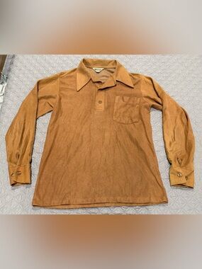 VTG 70s Velour Polo Shirt Mens Med Arnel Dagger Collar Carmel Brown True Vintag